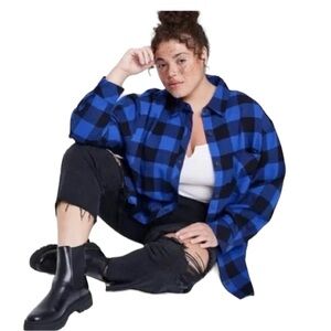 Wild Fable Black Blue Buffalo Plaid Flannel Button Down Shirt XXL Oversized